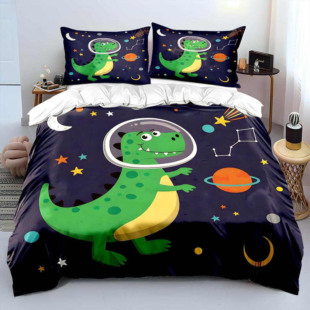 Dinosaur Space Adventure Pattern Duvet Cover Set Digital Print Colorful Polyester Bedding With Zipper Closur For Kids Gifts