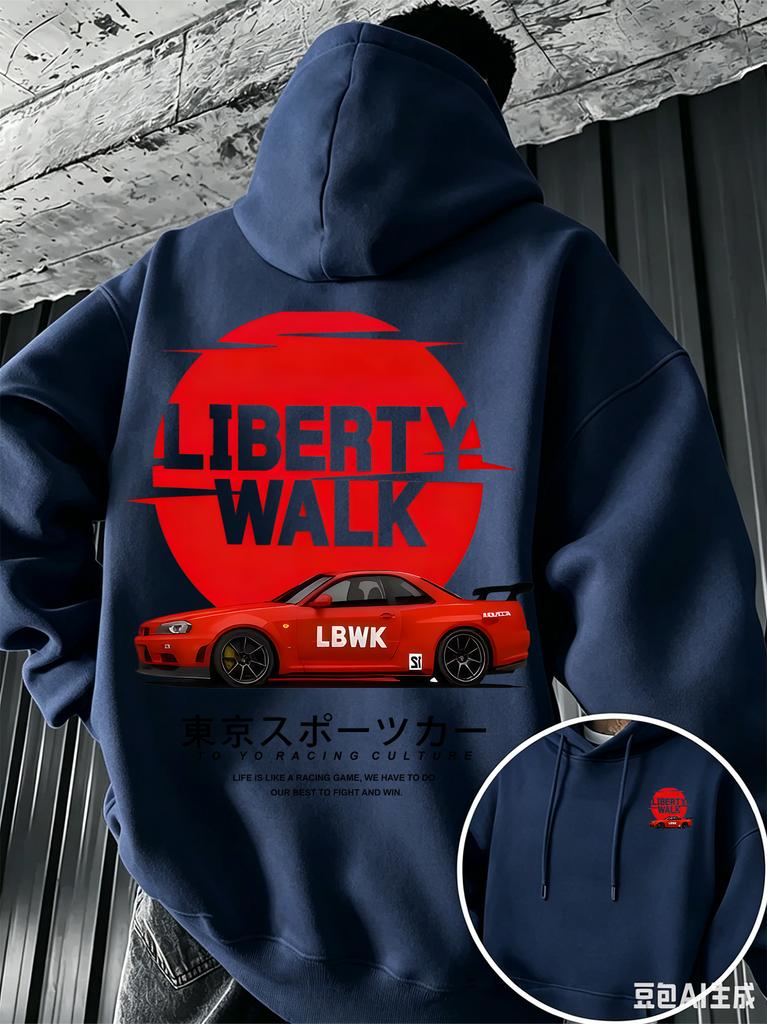 Men's Fall-winter Hooded Sweatshirt with Car-themed Japanese-style Letter Print Loose-fitting Pullover Shirt for Car Enthusiasts