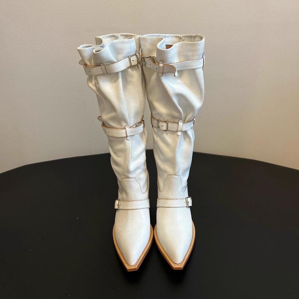 Fashion 2025 Autumn New Suede Leather Knee-High Boots Women Pointed Toe Chunky Heels Long Boots Fashion Belt Buckle Knight Botas Mujer