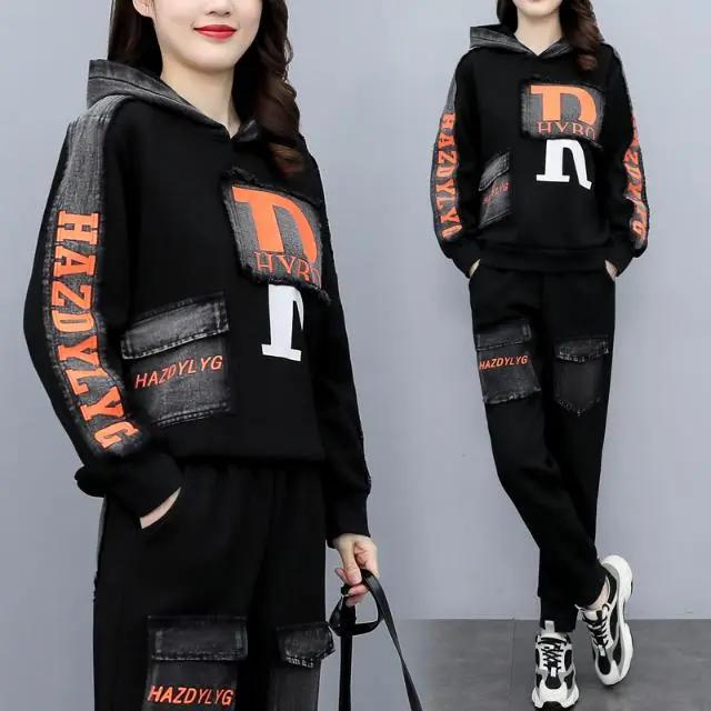 Женский осенне-зимний модный костюм большого размера из двух частей - на бархатной подкладке, свободного кроя с джинсовой пэчворк-отделкой