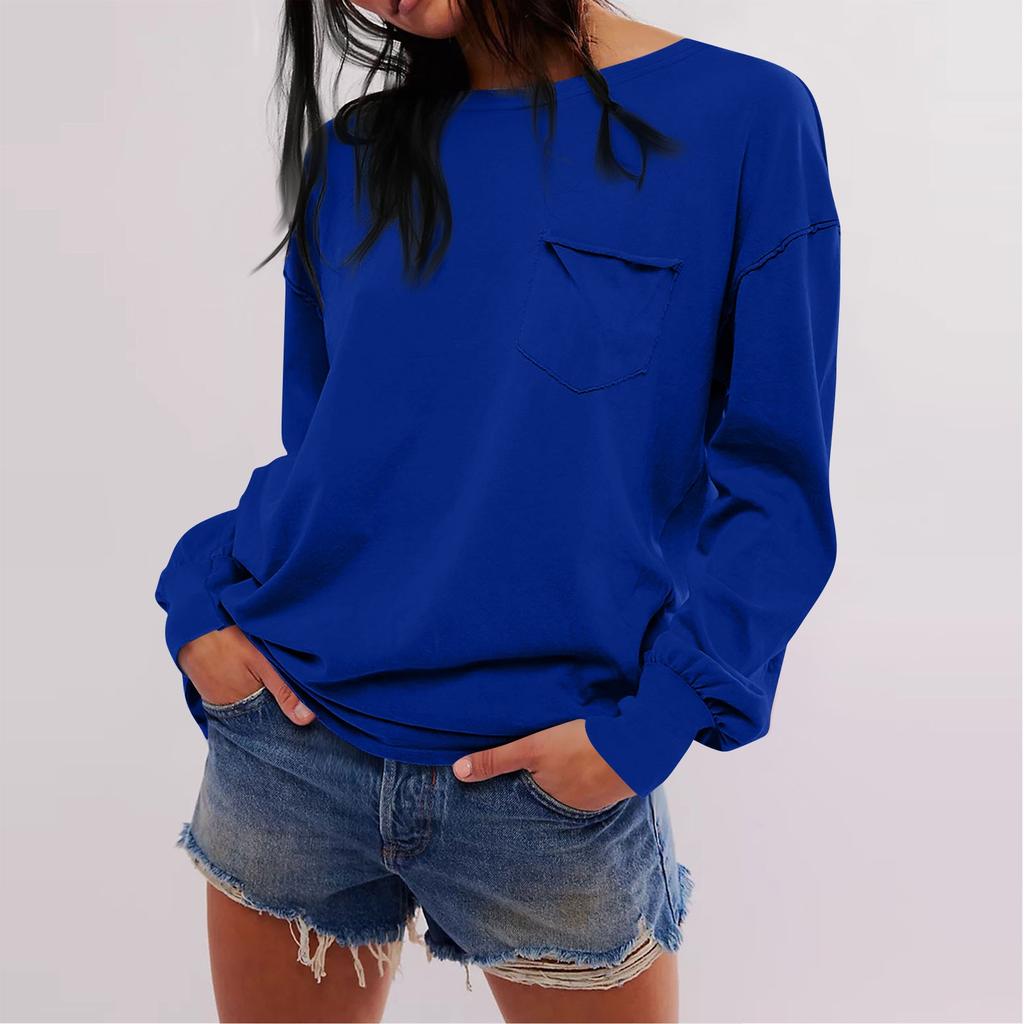 Женская модная однотонная свободная футболка с круглым вырезом и длинными рукавами и карманами
