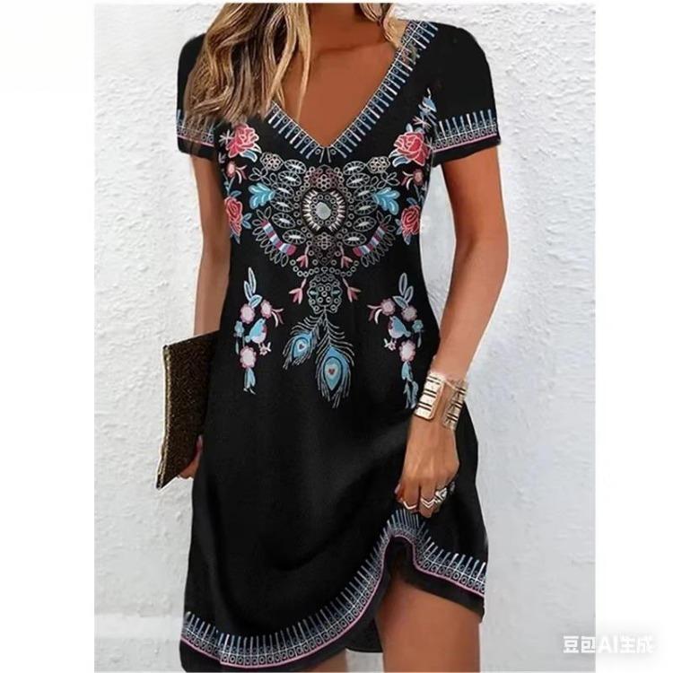 Summer Floral Boho Beach Dress for Women Casual Loose A Line Sundress Short Sleeve V Neck Sexy 3D Print Summer Fashion Dress Femme