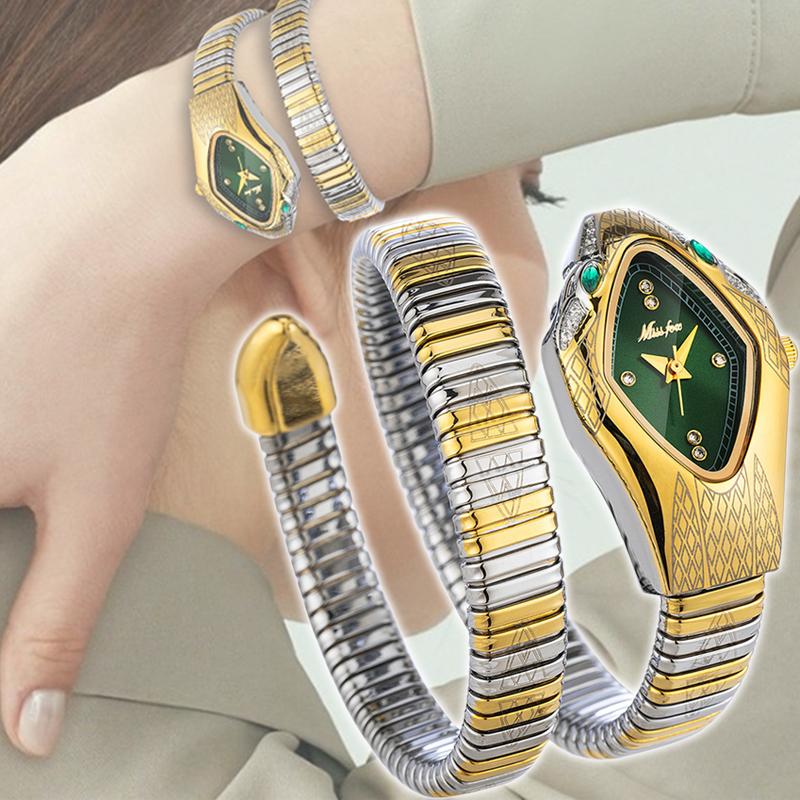MISSFOX-Ladies' Exquisite Winding Snake Head Watch Waterproof Quartz Watch Unique Art Serpentine Diamond Bracelet