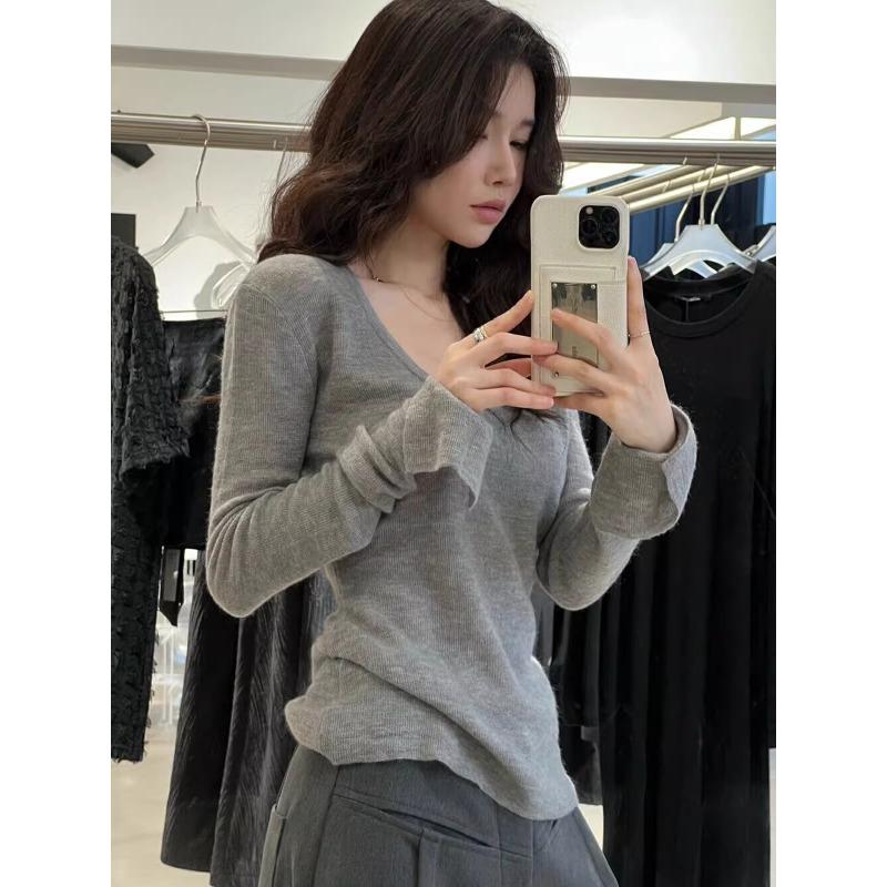 Grey Collar Leaking Collarbone Top Women's Spring Niche Horn Sleeve Inner Knitted Sweater Slim Primer Sweater