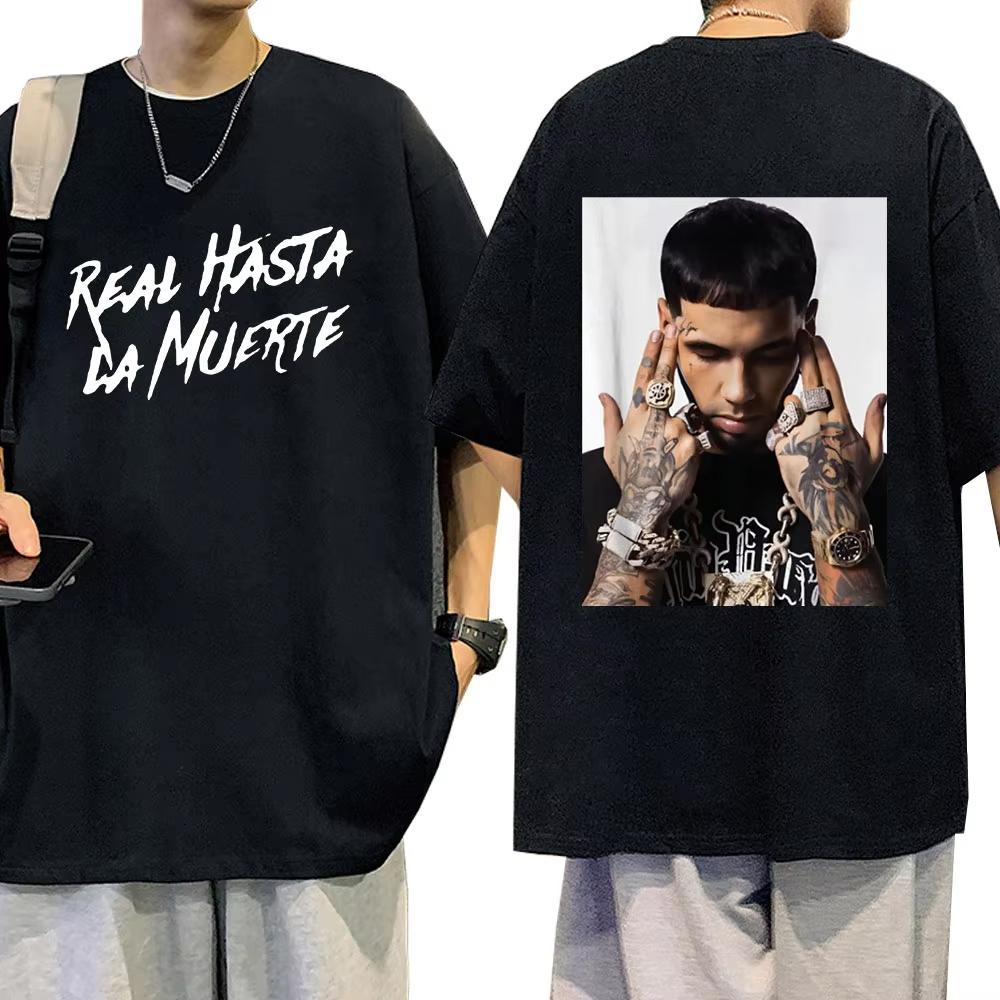 Футболка с принтом рэпера Anuel AA Real Hasta La Muerte Мужская Повседневная Хлопковая Модная Хип-Хоп Винтажная Свободная Женская Футболка