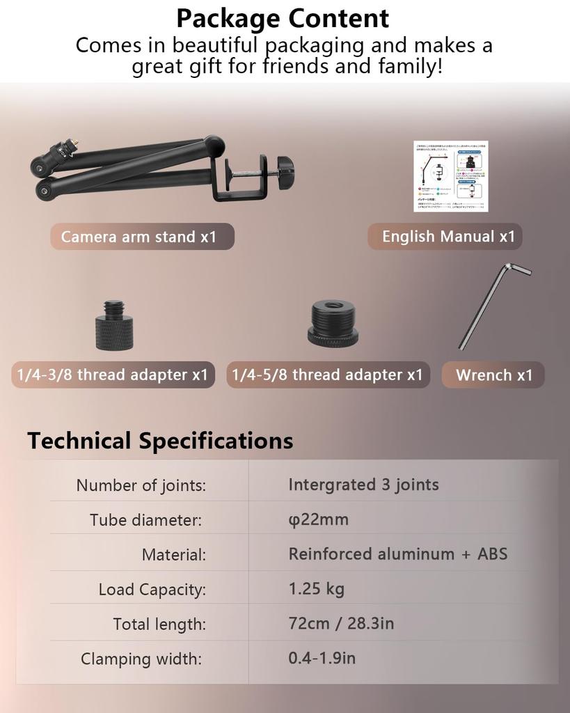 Hemmotop Camera Arm, Microphone Stand, Integrated Clamp, 1.25kg Load Capacity, Smartphone Arm, 360° & 340° Adjustable Angle, Desk Mount Stand, Copy