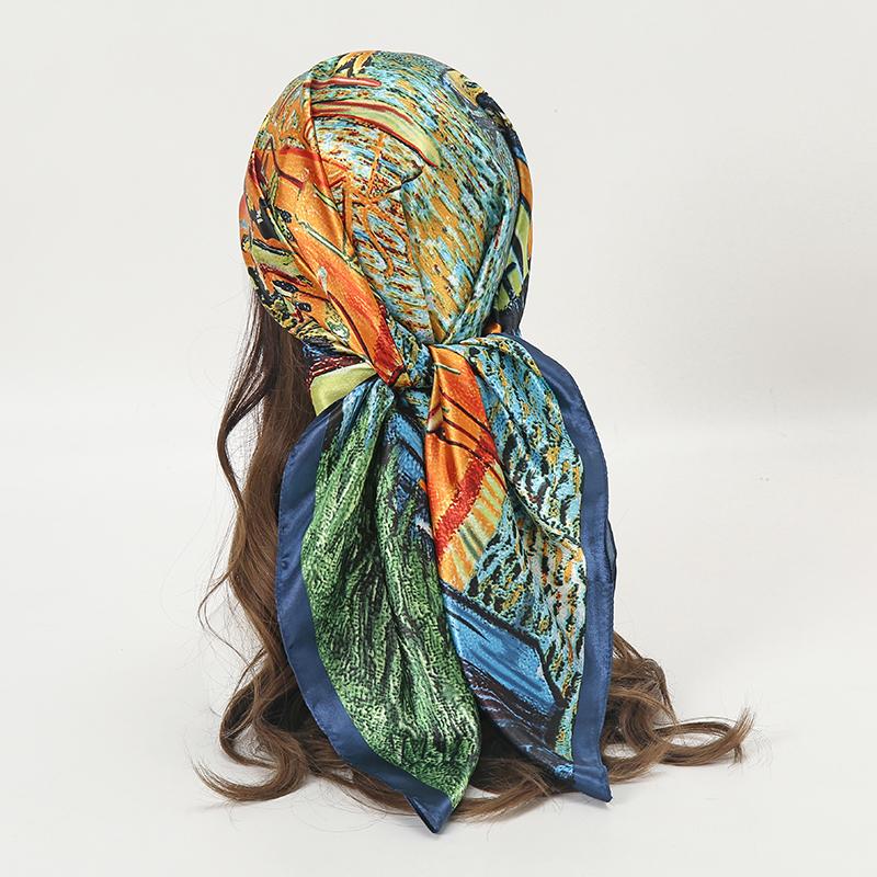 Satin Square Scarf Women Muslim Hijab Elegant Print Silk Neckerchief Shawl Wraps Headband Handle Hair Accessories Bandana