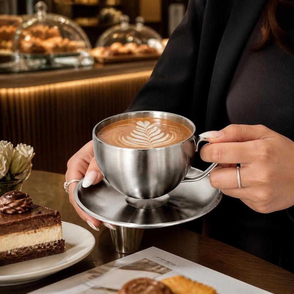 Stainless Steel Coffee Cup Set Heat Resistant Cup Saucer Set Exquisite Coffee Mug Cafe Accessories