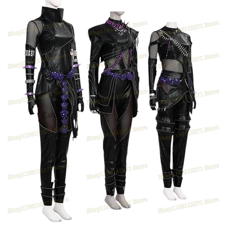 Kpop Охотники на демонов Руми Косплей Костюм Парик Черный Кожаный Боевой Костюм Взрослый Женский Плащ Брюки Ремень Перчатки Хэллоуин Вечеринка