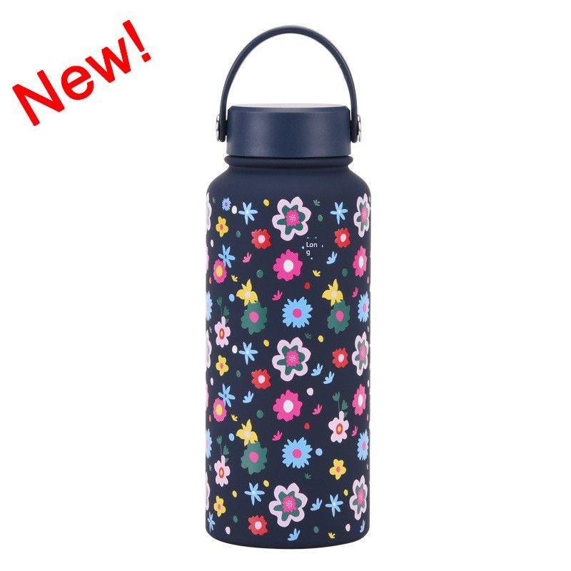 2025 New Model 1L Large Capacity Thermos Cup with Wide Mouth, Portable Handle, Sports Water Bottle, Outdoor Printed Water Cup for Women
