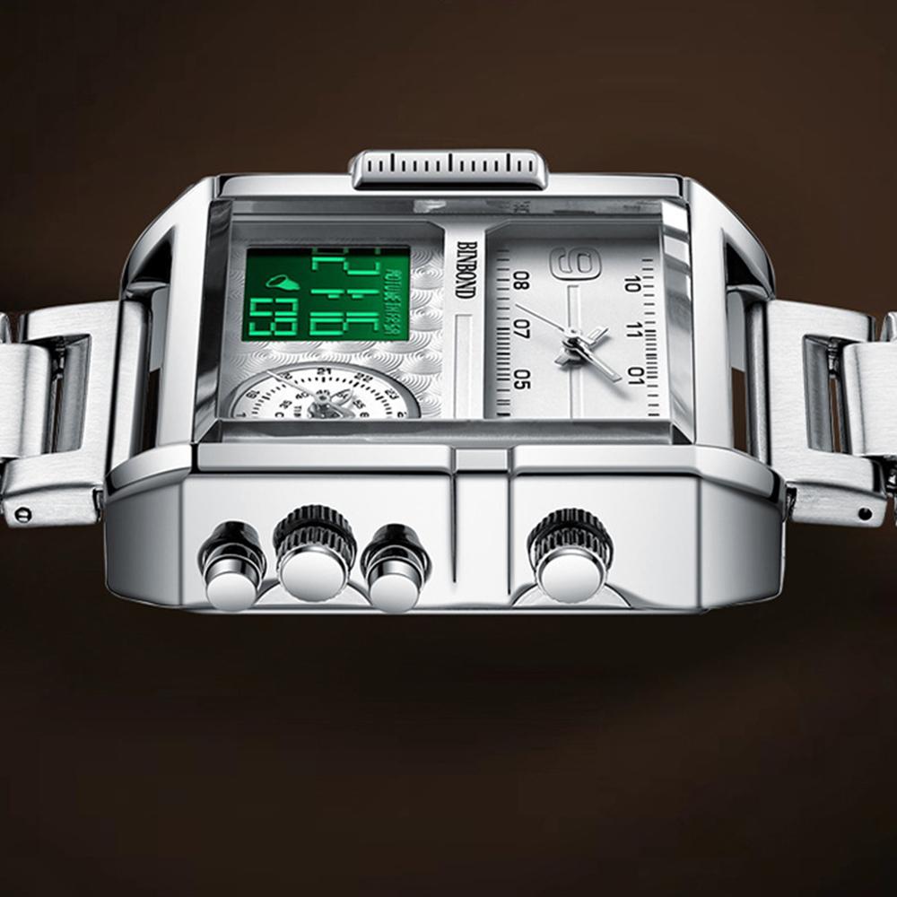 BINBOND Модные квадратные наручные часы с большим циферблатом, кварцевые часы с тремя дисплеями для мужчин, многофункциональные спортивные часы, мужские наручные часы