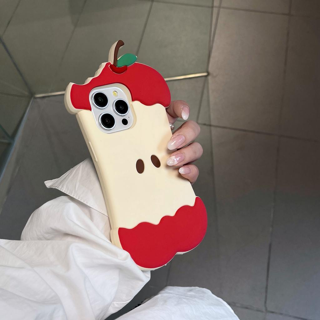 For iPhone 15 Pro Silicone Case Cute Eaten Apple Design Shockproof Phone Back Cover