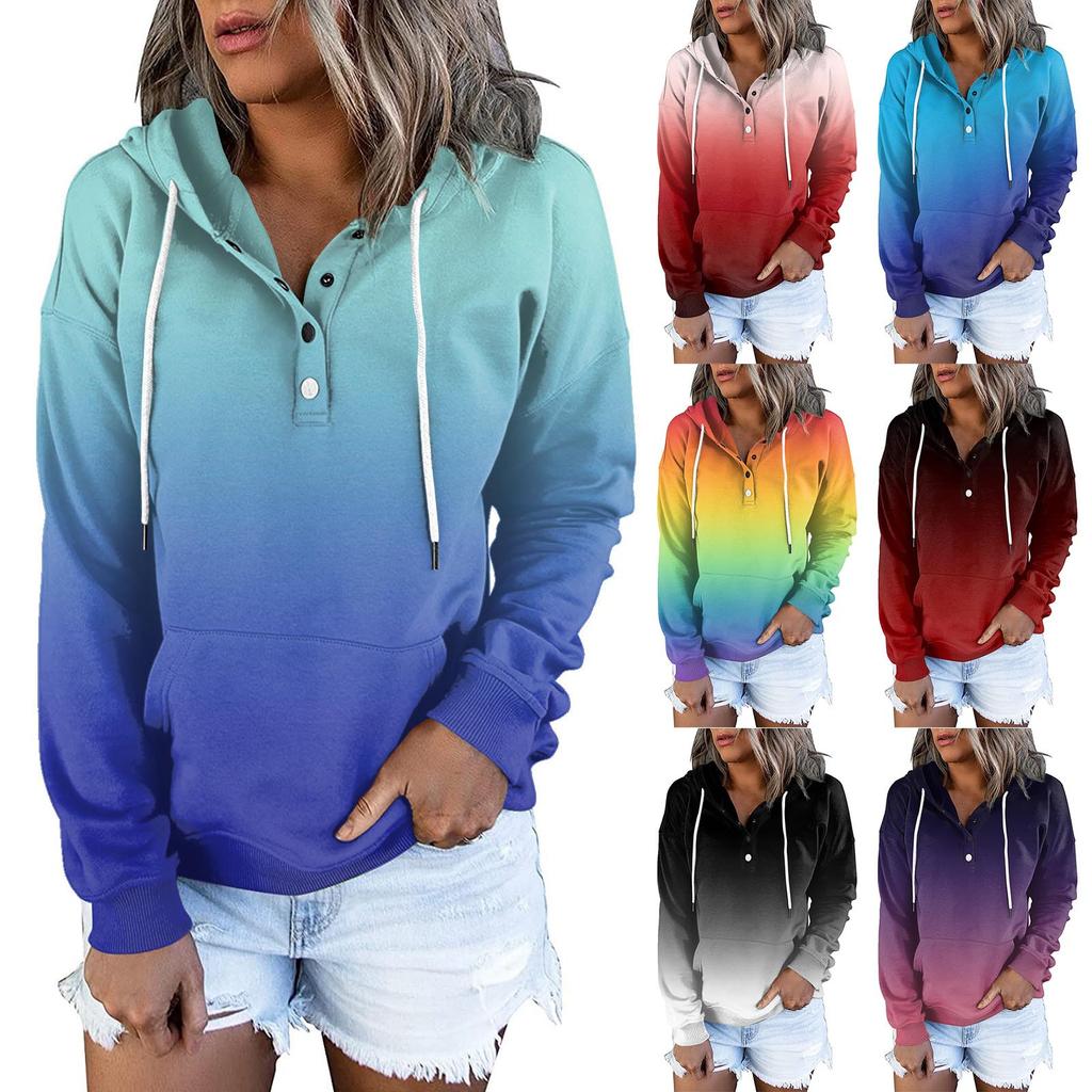 Women's Casual Fashion Vintage Print Long Sleeve Button Pullover Hoodies Sweatshirts