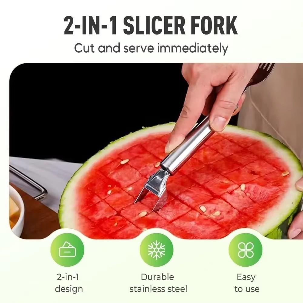 2 in 1 Watermelon Cutter Silver Stainless Steel Watermelon Fork Slicer Multi-purpose Double Head Use Fruit Slicer Kitchen