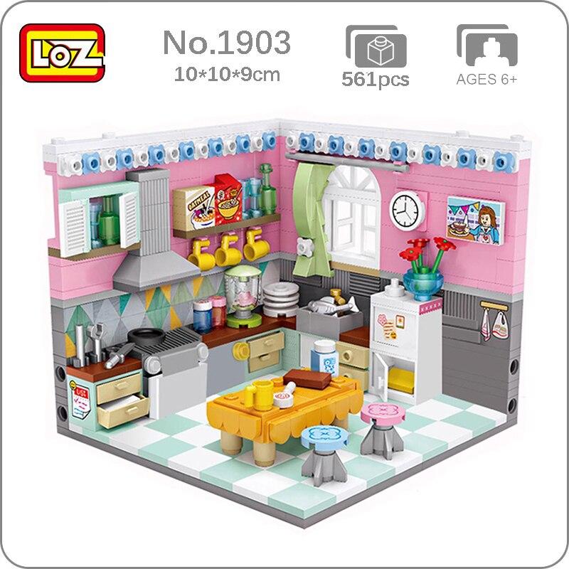 LOZ 1903 City Architecture House Corner Kitchen Table Refrigerator DIY Mini Blocks Bricks Building Toy for Children Gift No Box