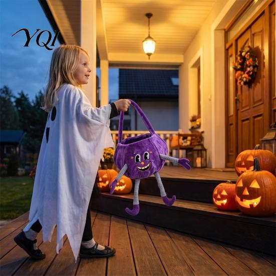 Skin Friendly Holiday Baskets Halloween Pumpkin Candy Basket with Handle, Soft Plush Trick or Treat Bag for Kids, Cute Goodie Bags Portable
