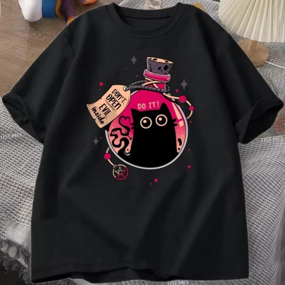 Black Cat in The Bottle Print Tshirt Men Womens Summer Fashion Short Sleeve Tshirt Cat Pattern Clothing Comfortable Cotton