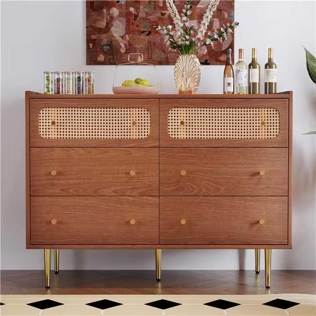 Chest of drawers with 6 drawers, rattan sideboard highboard for bedroom & all living areas, walnut - H90/W120/D40 cm