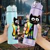 1PC Color Striped Black Cat Cartoon Print 750ml Color Plastic Sports Water Bottle Leakproof Flip Straw Lid Suitable for Sports Office Home Use