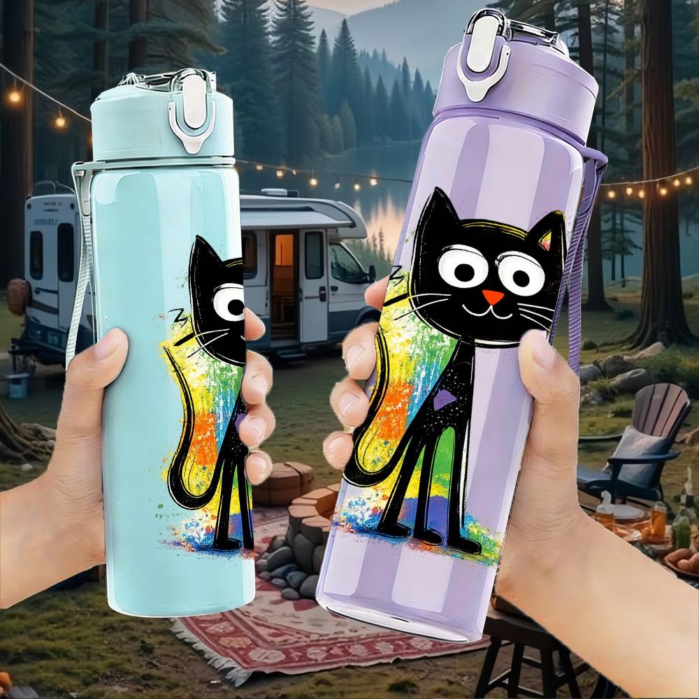 1PC Color Striped Black Cat Cartoon Print 750ml Color Plastic Sports Water Bottle Leakproof Flip Straw Lid Suitable for Sports Office Home Use