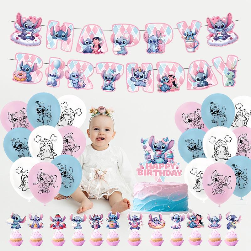 Banner Balloon Flag Stitch Theme Children'S Birthday Scene Arrangement Supplies Party Ornaments