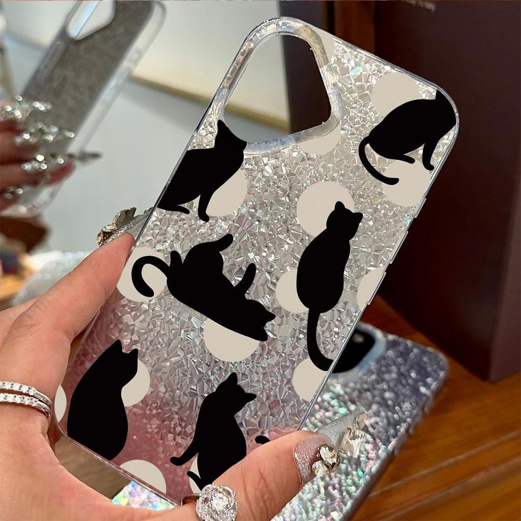 Чехол для iphone 15 XS Max 14 12 XR 18 Pro Max 17 Pro 11 13 16 Plus Air Точки Силуэты Кошек Блеск Трескающаяся Фольга Акрил ТПУ Чехол для Телефона
