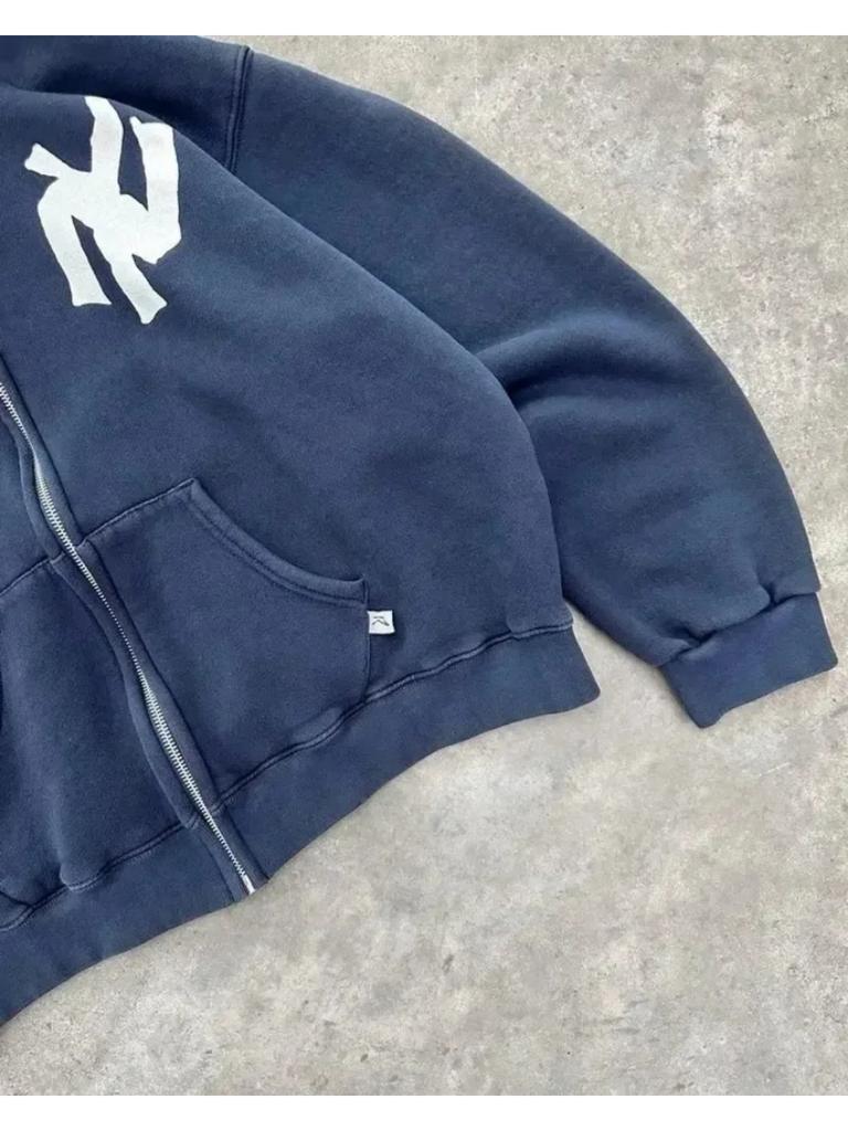 ZYLLO Харадзюку Ретро Новая Печать Цветок Раскрывающийся Свитер С Капюшоном Y2K Уличный Хип-Хоп Повседневный Свободный Свитшот Парный Топ