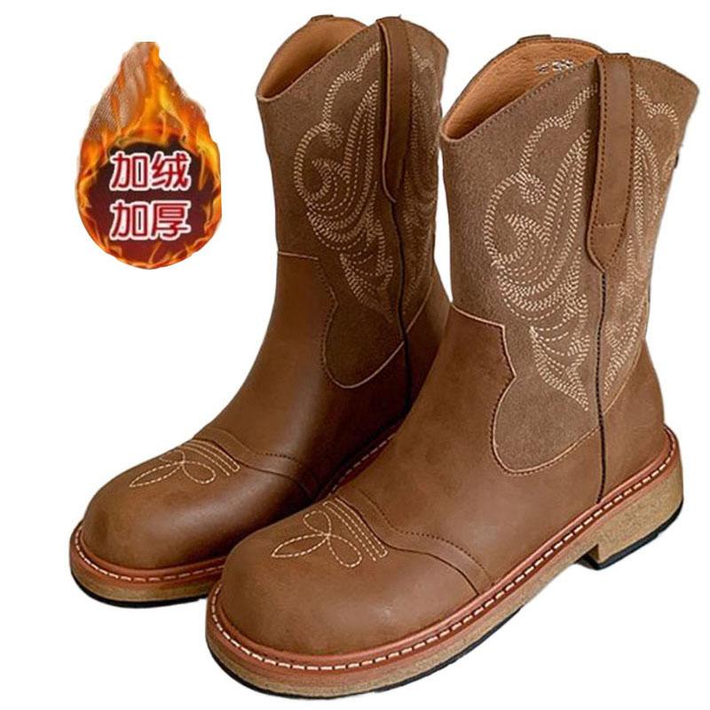 Fashion 2024 New Plus Plush Leather Western Mid Calf Boots Embroider Women Autumn Winter Ankle Boots Ladies Boots