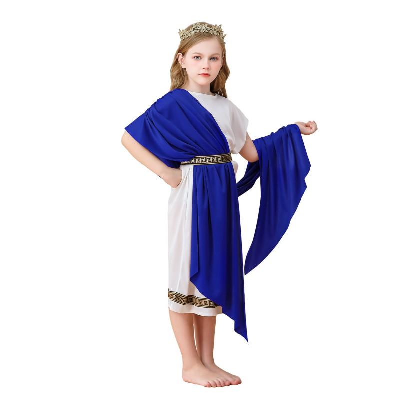 Kids Greek Mythology Costume Roman Toga Dress Halloween Party Performance Cosplay Outfit Blue Red Green Brown