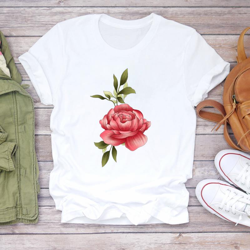 (Asian Size) Tee Top Lovely Cartoon Trend Cute Sweet Fashion Tshirt Women Flower Clothing Casual Short Sleeve Print Lady Female Graphic T-shirt