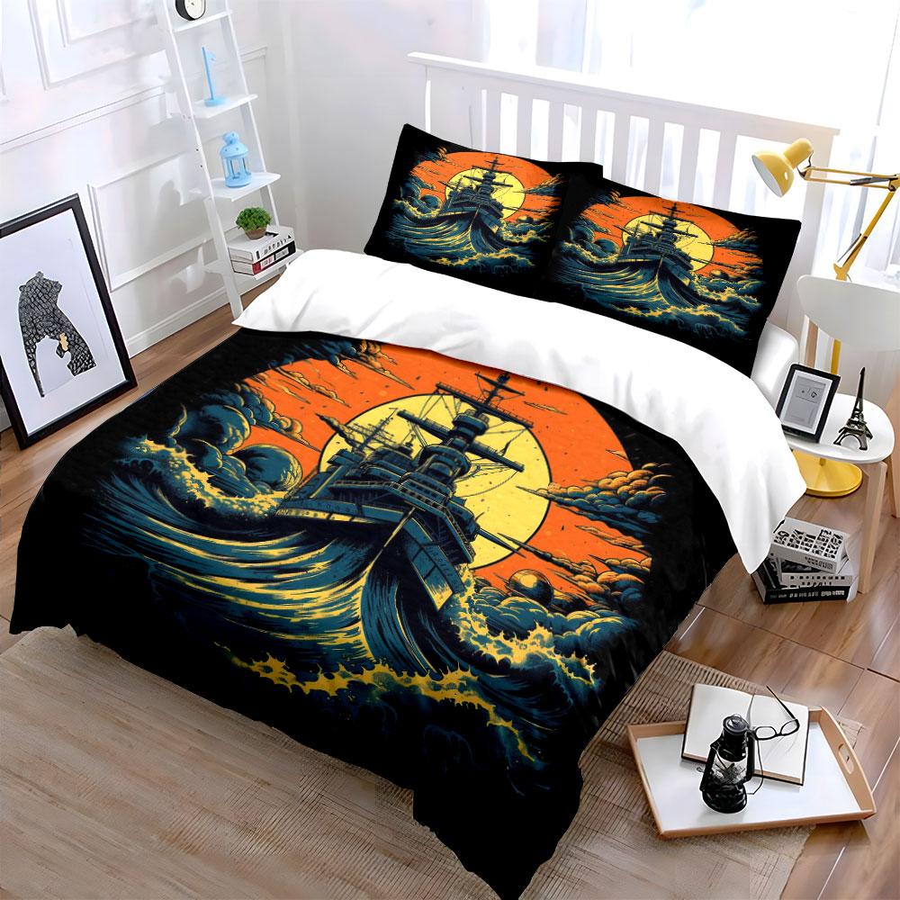 Battleship, ocean waves, sunset. Bedding sets Duvet cover sets Duvet covers Pillowcases(1*Duvet Cover 2*Pillowcases without duvet insert)
