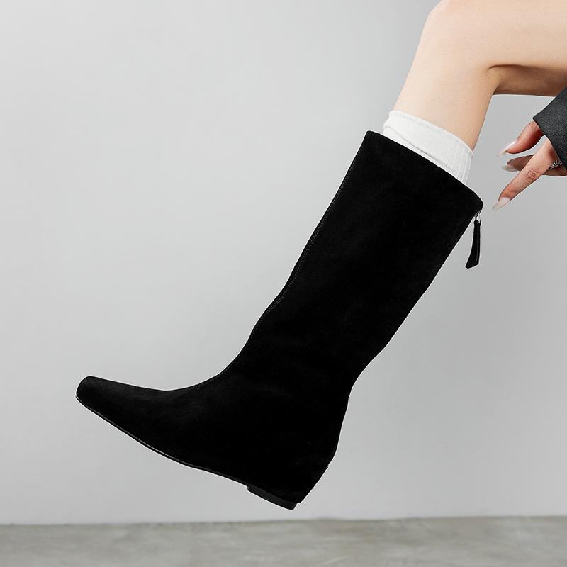 Мода 2025 Новые осенние сапоги до колена из коровьей замши Женская обувь Квадратный носок Слипоны Вестерн Современные сапоги Увеличение высоты Длинные сапоги