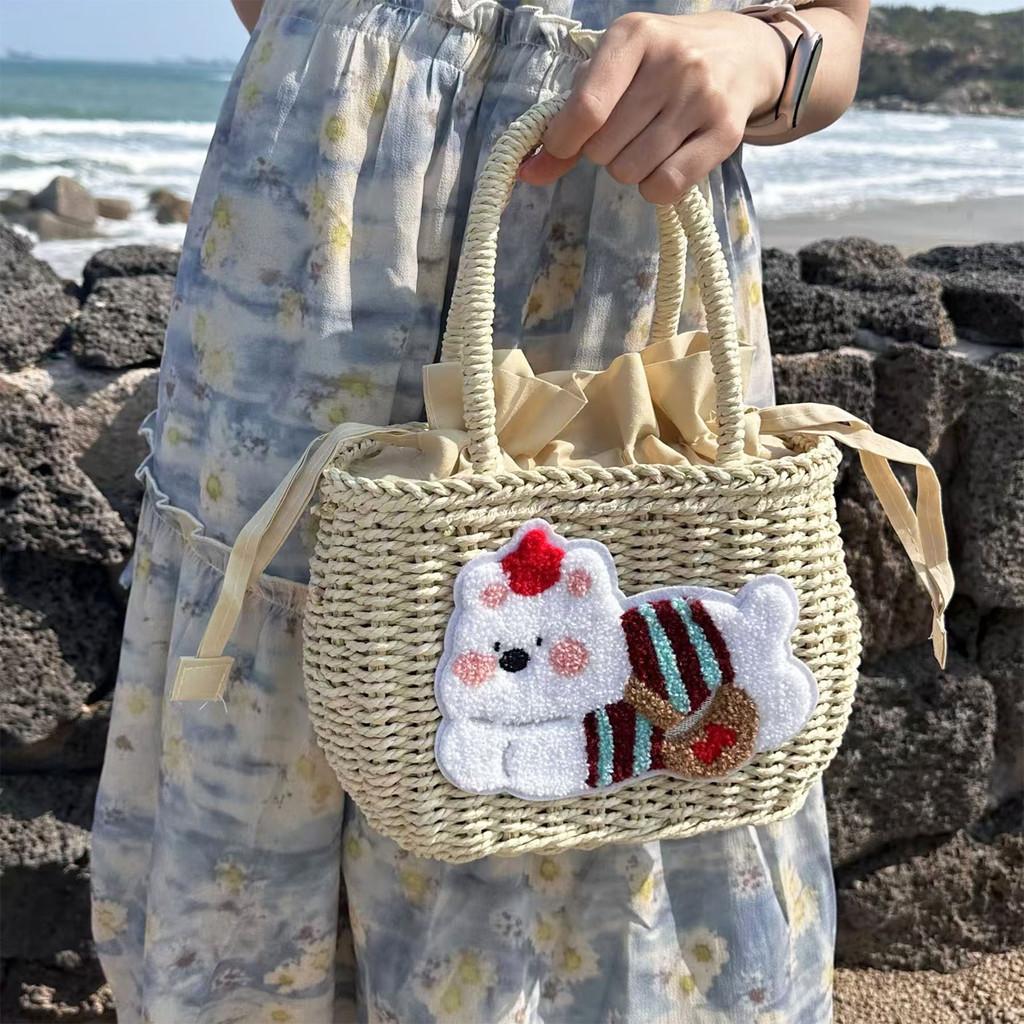 Cute Cartoon Plush Dog Decoration Women Casual Grass Woven Bagfor Beach And Vacation Use