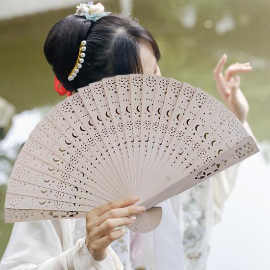 Wooden Folding Fan Chinese Style Hollow Ribs Portable Summer Hand Held Fan Decoration