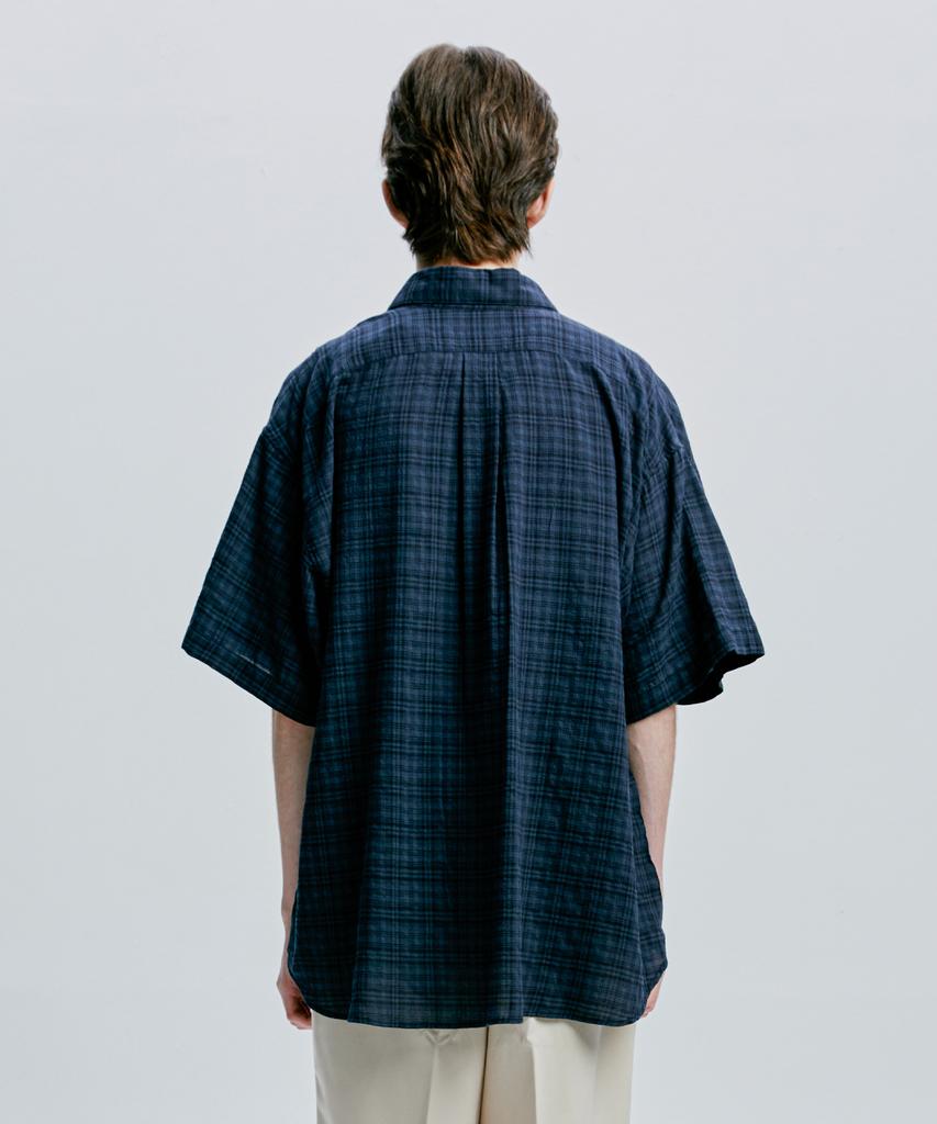SSY Washed Check Linen 2-Pocket Loose Fit Half Shirt Navy