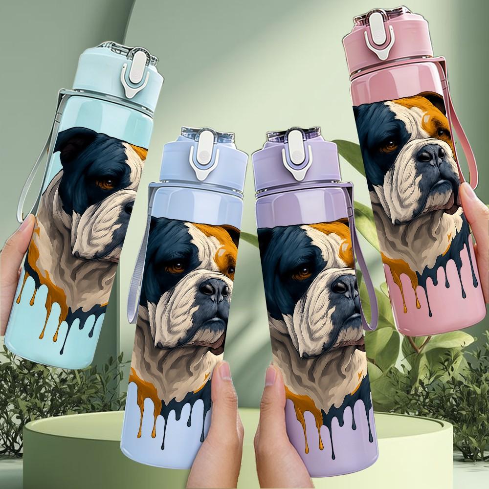 1PC Big Bulldog Pet Dog Animal Pattern 750ml Color Plastic Sports Water Bottle Leakproof Flip Straw Lid Suitable for Sports Office Home Use