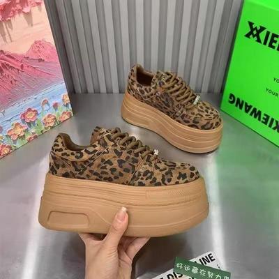 Платформенные туфли в стиле кампус, весна 2025, новинка, французский леопардовый принт, небольшая высота маффина, увеличение роста, повседневная спортивная обувь