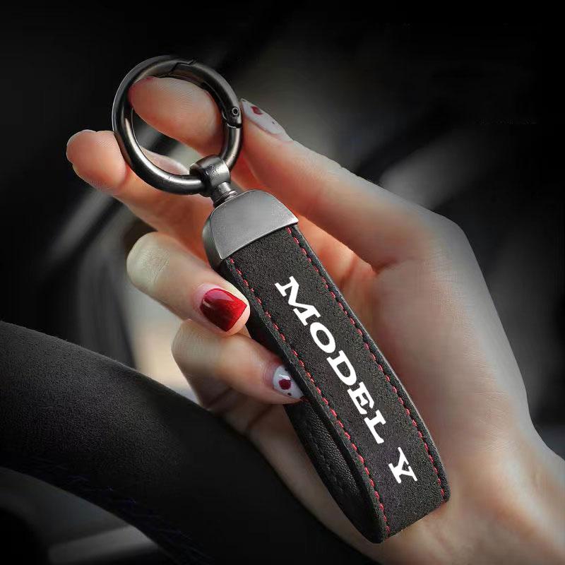 Car Key Chain Luxury Genuine Leather Keychain Pure Color Buckle Key Ring Car Accessories Gift Car Keychain For Tesla Model Y