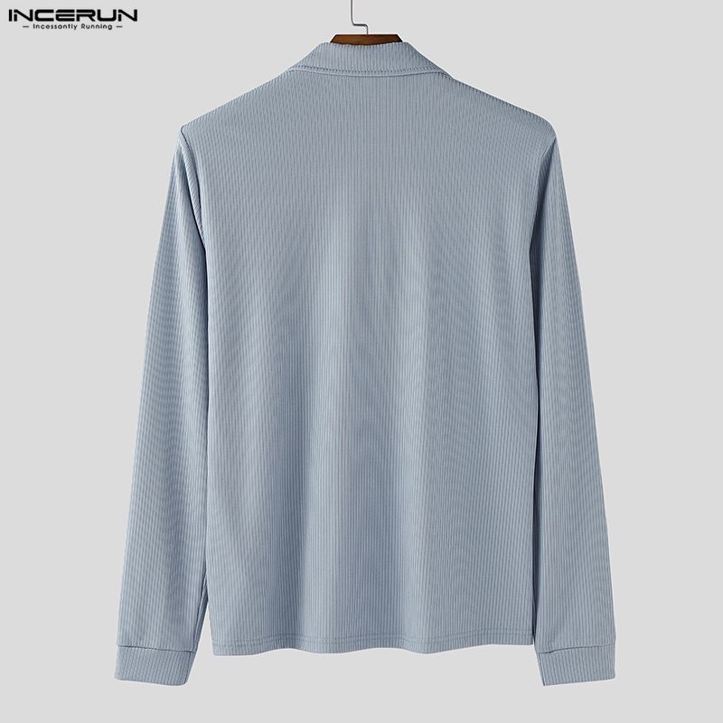 INCERUN Men Lapel Neck Long Sleeve Side Zip-up Casual Fitted Rib Pullovers Undershirts