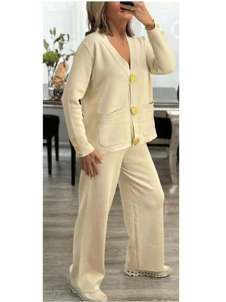 European Style Women's Knit Cardigan & Wide-Leg Pants Two-Piece Set
