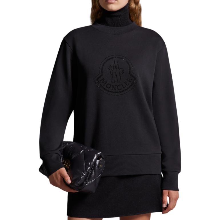 Moncler Monochrome Crystal Logo Crew Neck Long Sleeve Sweatshirt Women sweatshirt Black 8G00053899TR999