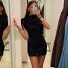 Round Neck Holiday Party Dress Fly Sleeve Silm Evening Dress Shining Sequin Mini Dress  Ladies/Girl