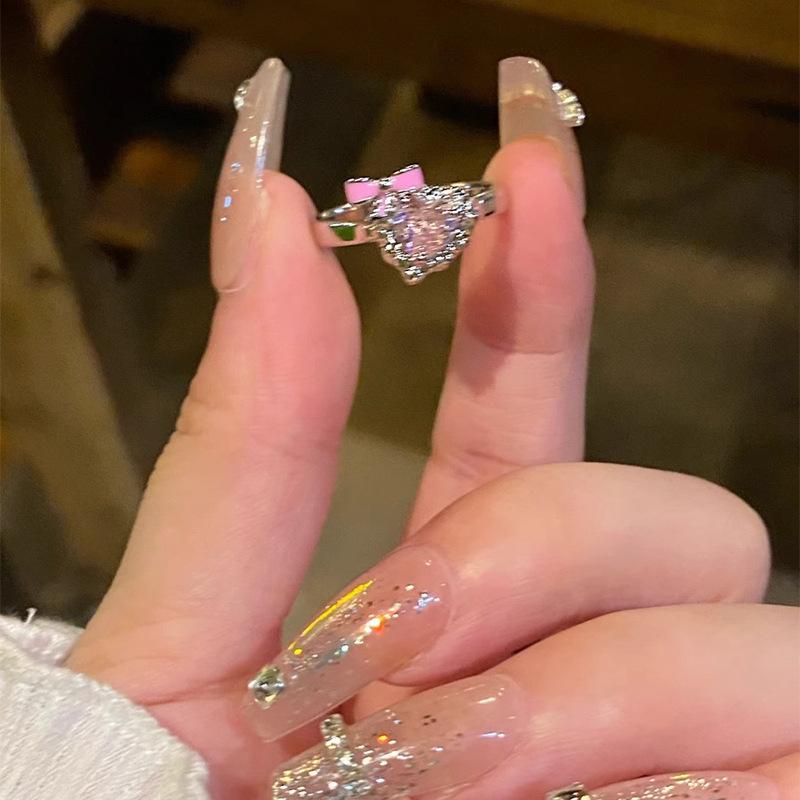 Light Luxury Heart-Shaped Zircon Ring Opening Design Female Sweet Cool Versatile Personalized Ring Niche High-End Fashionable