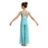 Kids Girls Rhinestone Dance Jumpsuit Wide Leg Sleeveless Cross Back Ruched Mesh Bodysuit Built-in Briefs for Stage