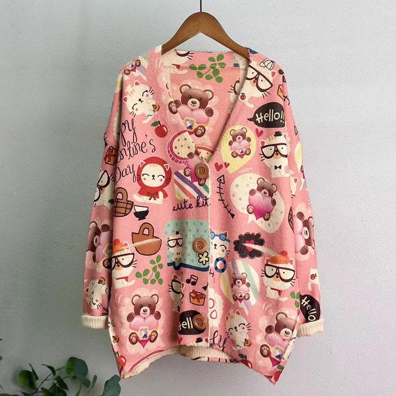 DIMANAF Новинка 2023 года, осенние свитера больших размеров, кардиган большого размера, женские свитера с цветочным принтом и мультяшным принтом, вязаный свободный свитер