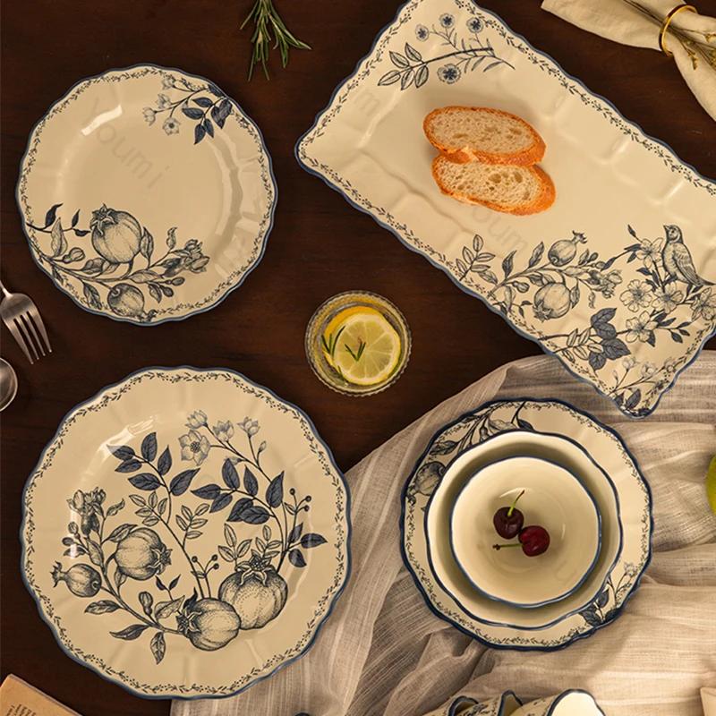 Керамическая тарелка в стиле ретро-дворца, легкая, роскошная, ресторанная, десертная, тортовая, домашняя, паста, обеденная тарелка, изысканные цветы, столовая посуда