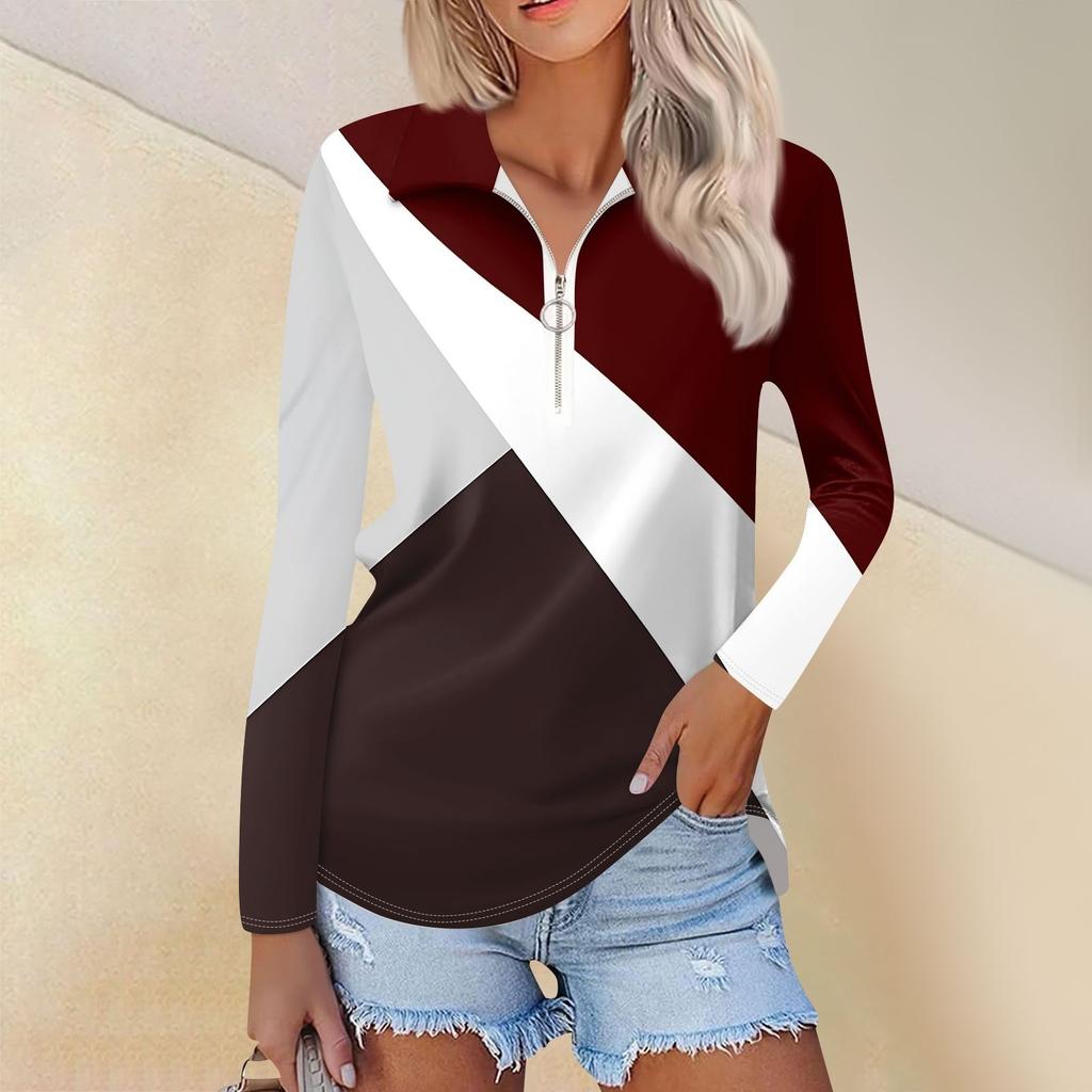 Женская весенняя и модная повседневная рубашка с принтом на молнии с V-образным вырезом и длинным рукавом