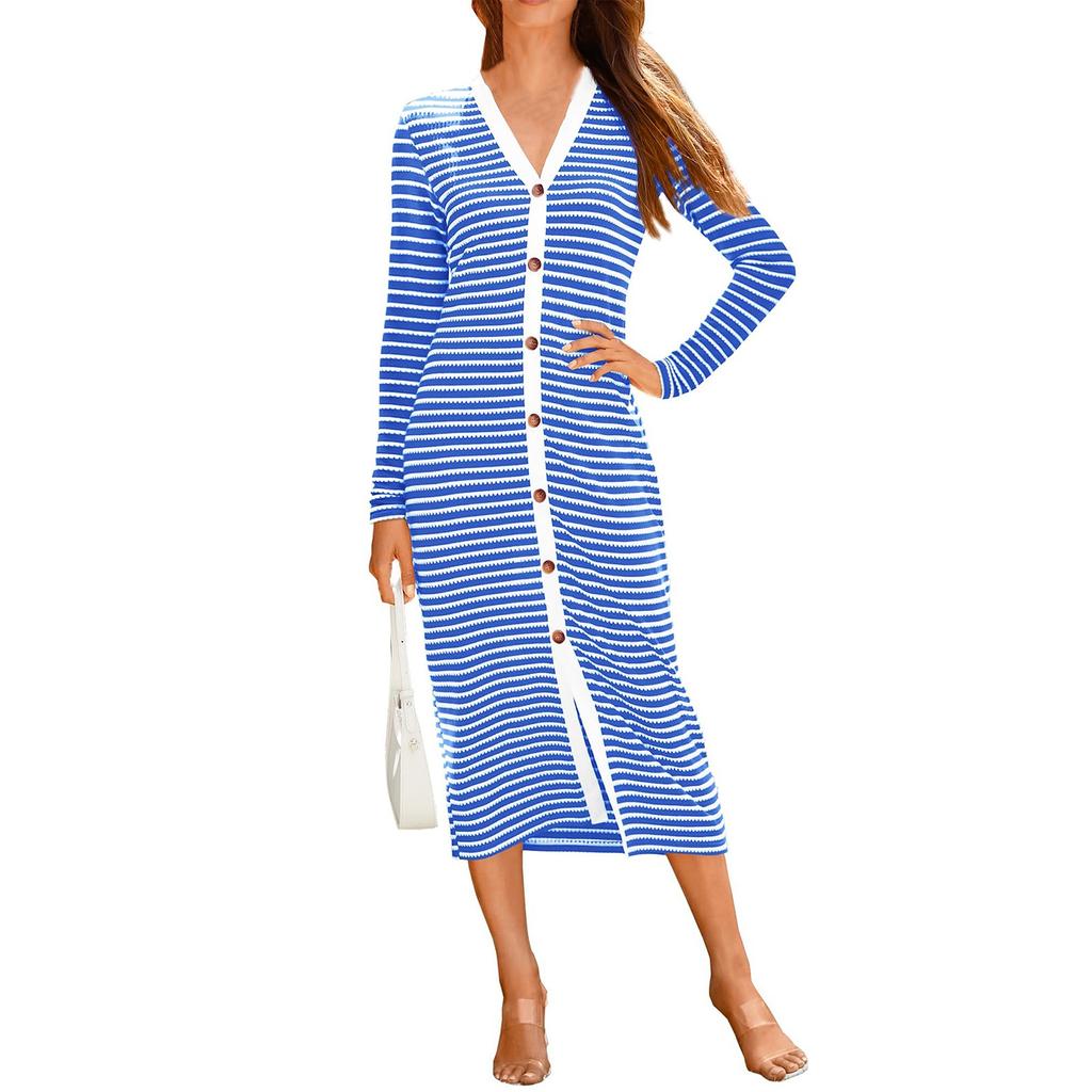 Женское полосатое платье с длинным рукавом