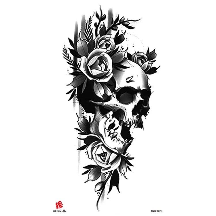 Маленькая водонепроницаемая временная татуировка на всю руку с головой волка, тигра и цветка, наклейка для боди-арта, рука для мужчин и женщин