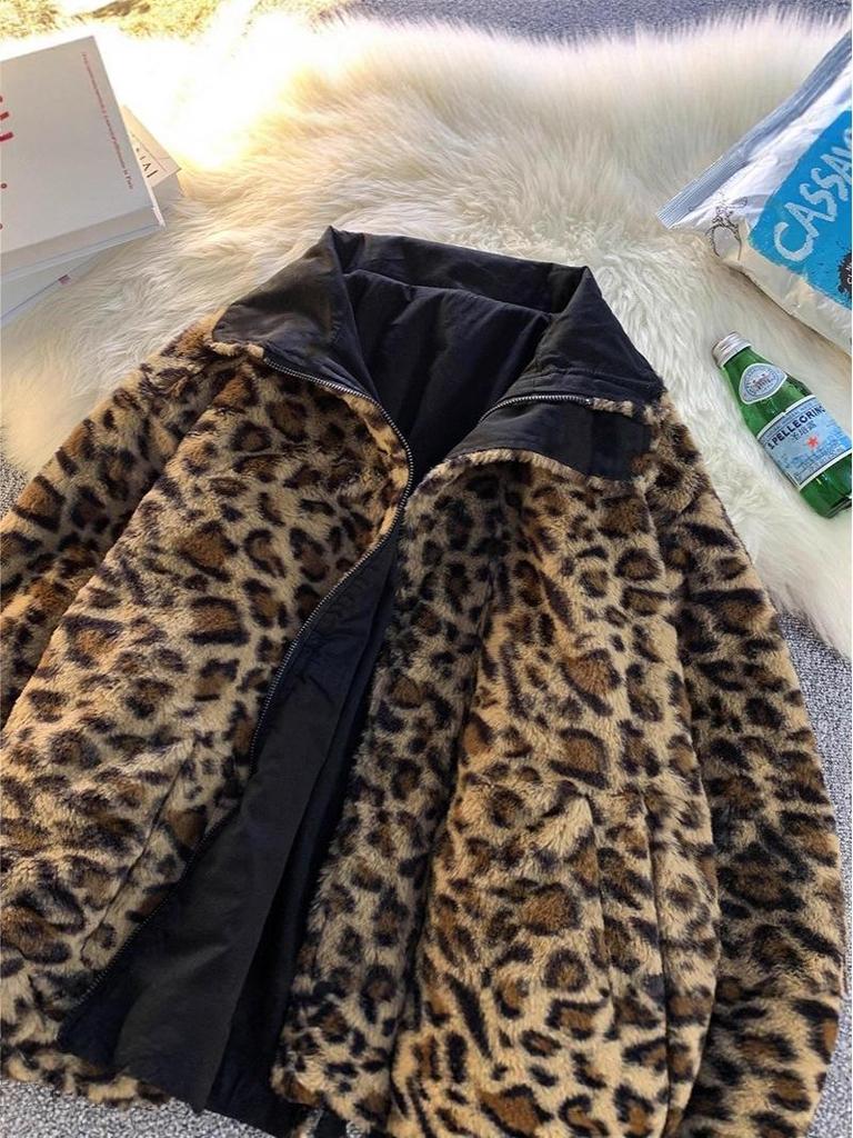 Мужская зимняя двусторонняя винтажная хлопковая куртка с леопардовым принтом